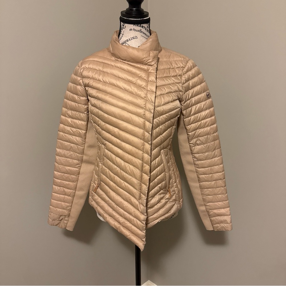 Michael Kors Packable Down Fill Quilted Puffer Jacket Gray Women's Small Beige.